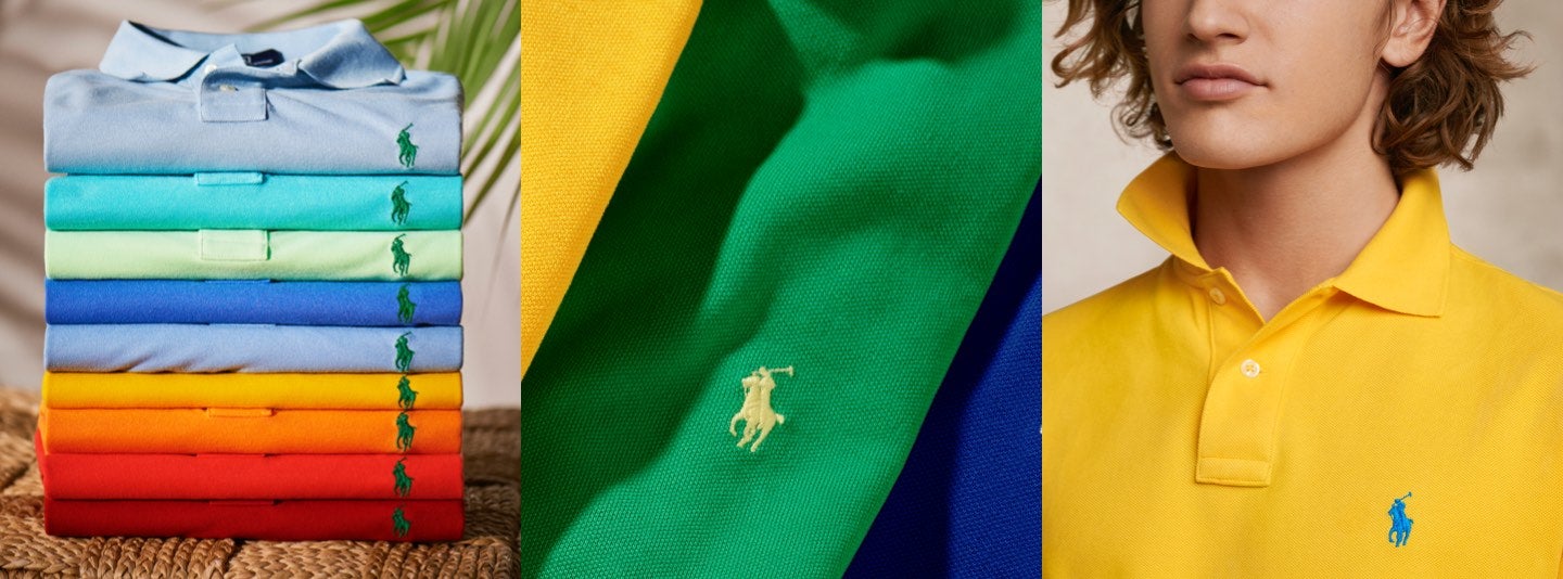 Stack of Polo shirts; close-up of man in yellow Polo shirt.