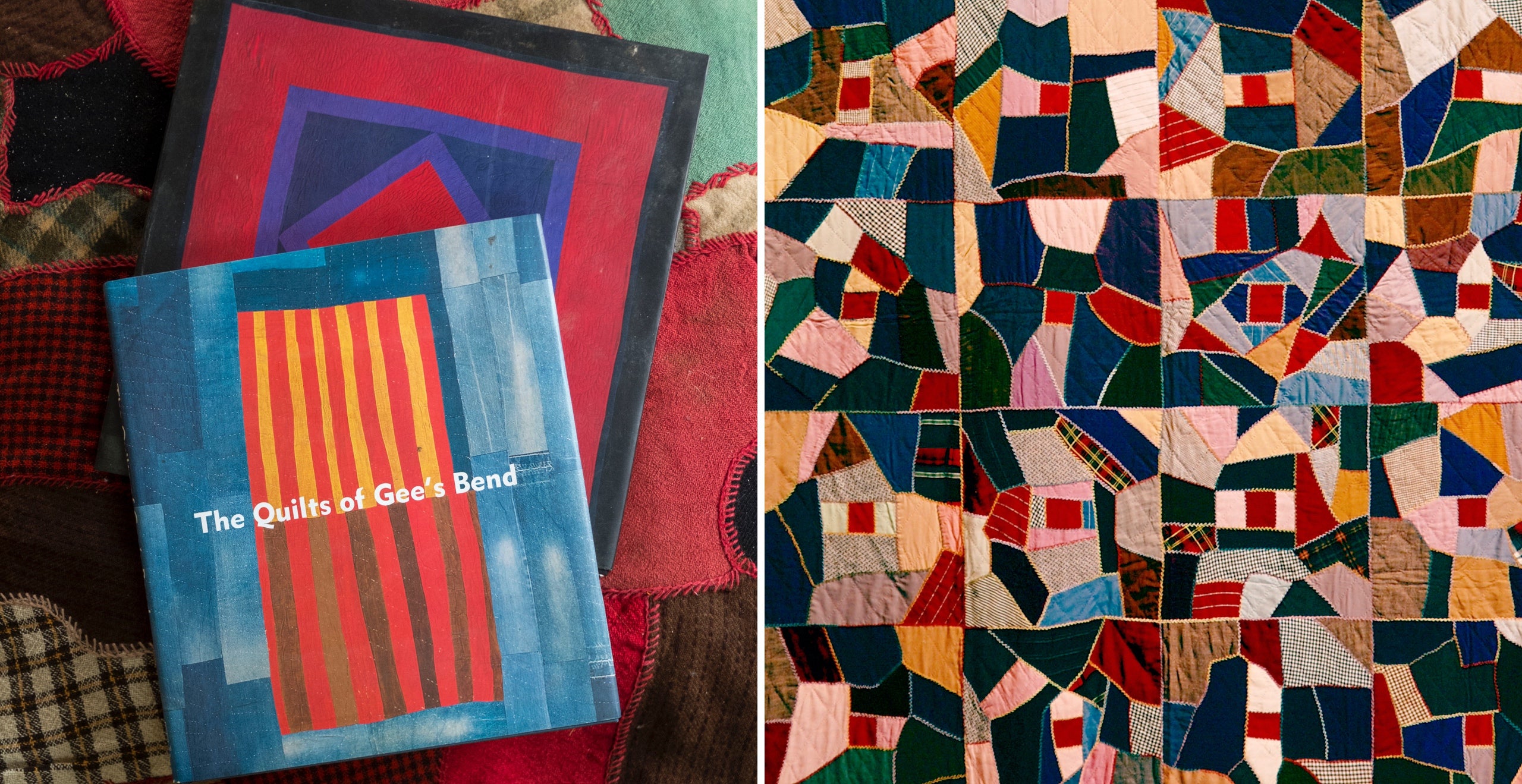 <em>Left to right:</em> Over time the humble patchwork quilt was celebrated as art featured in books and museum exhibitions. When textile patches were stitched together haphazardly they were known as &ldquo;crazy&rdquo; quilts
