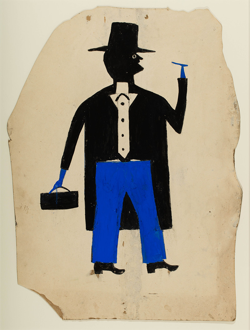 <em>Man in Black and Blue with Cigar and Suitcase</em>, by Bill Traylor, ca. 1939–1942, pencil and posterpaint on cardboard. Collection of Jerry and Susan Lauren. Photo: Matt Flynn © Smithsonian Institution