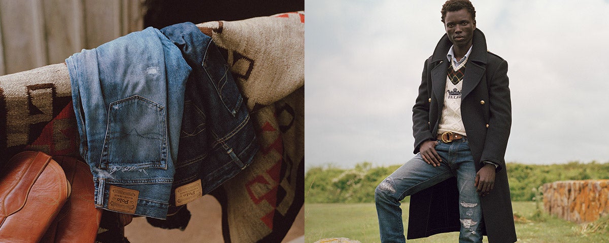 Man in distressed denim, long peacoat & cricket sweater