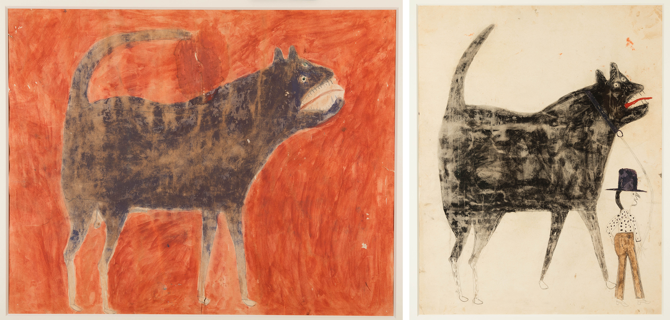 (Left) <em>Mean Dog (Verso: Man Leading Mule)</em>, by Bill Traylor, ca. 1939–1942, poster paint and pencil on cardboard. Collection of Jerry and Susan Lauren. Photo: Matt Flynn © Smithsonian Institution. (Right) <em>Man and Large Dog (Verso: Man and Woman)</em>, by Bill Traylor, ca. 1939–1942, poster paint and pencil on cardboard. Collection of Jerry and Susan Lauren. Photo: Matt Flynn © Smithsonian Institution 