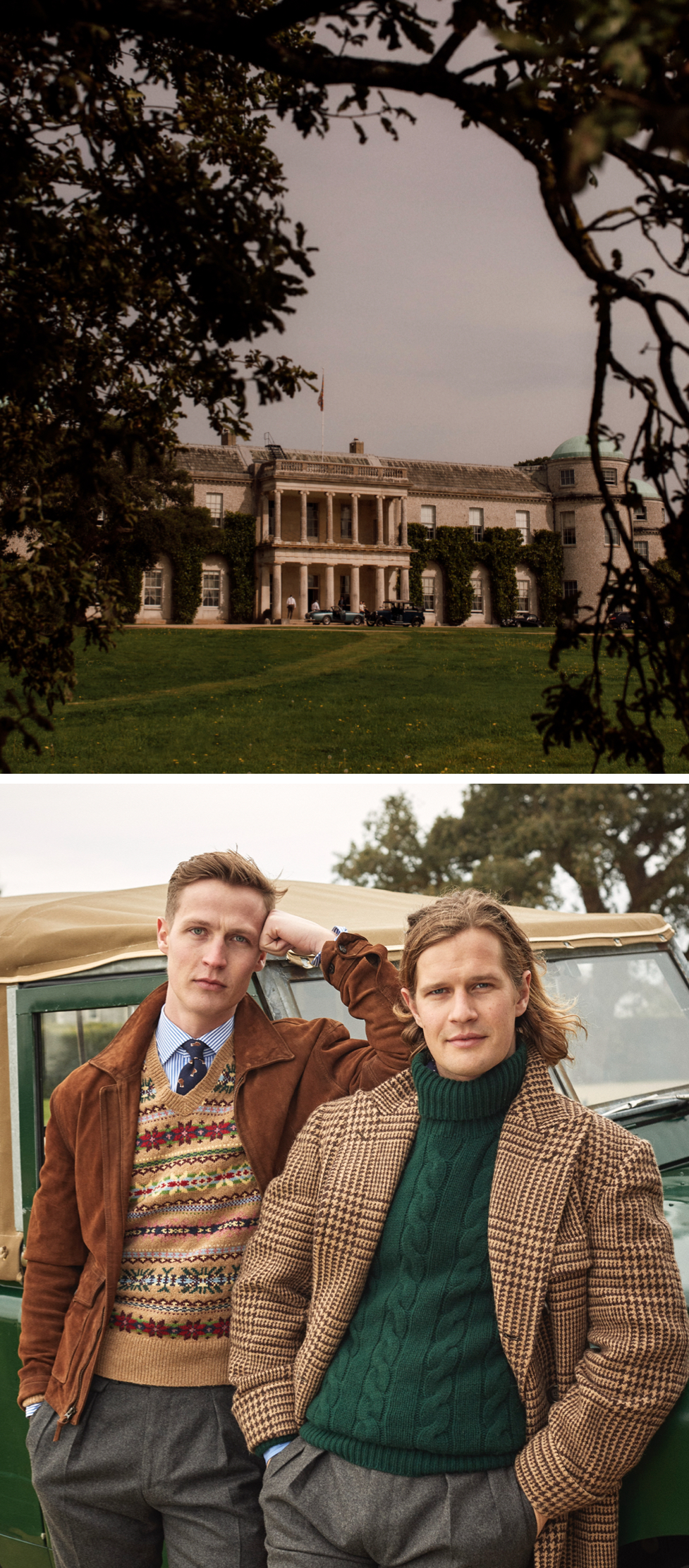<strong>PAST AND PRESENT</strong><br/><span>(Top): The manor house on the 10,000-acre grounds; William and Charles wearing a few of the pieces from this season’s Polo Originals collection</span>