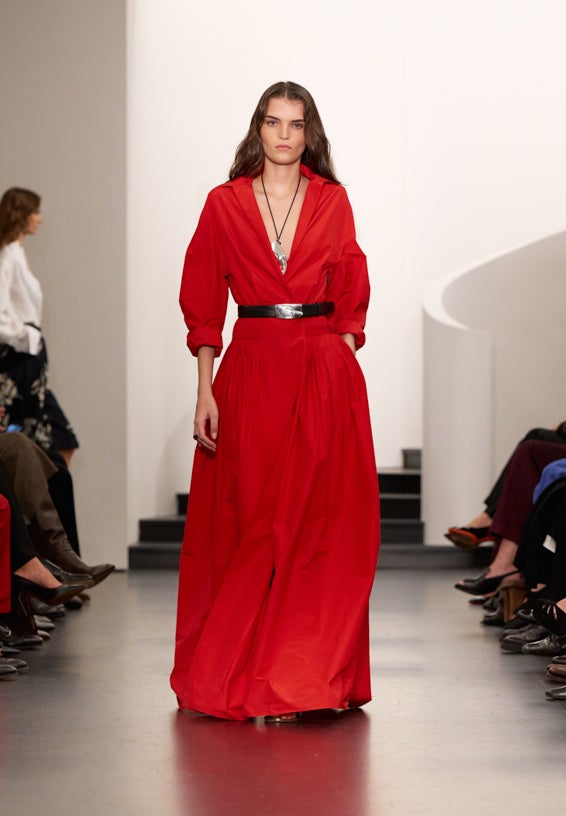 A look from Ralph Lauren’s Fall 2025 runway show shown on model.