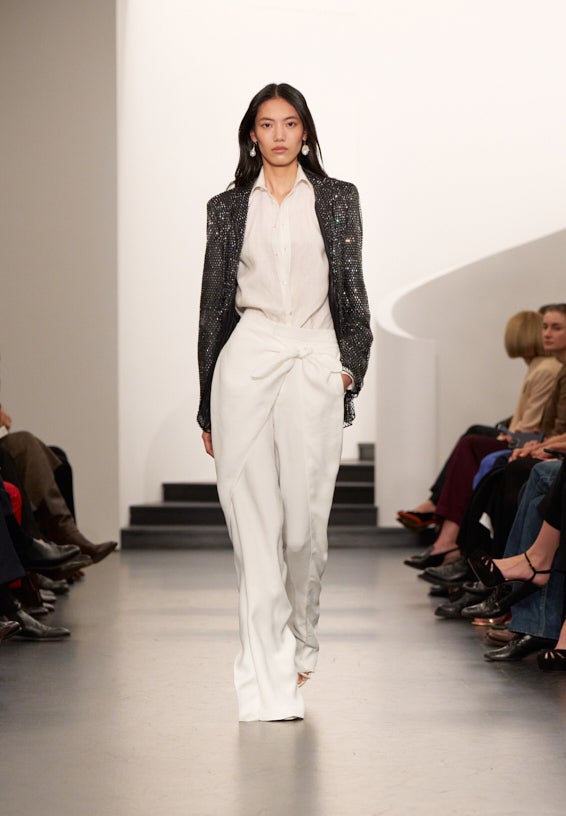 A look from Ralph Lauren’s Fall 2025 runway show shown on model.